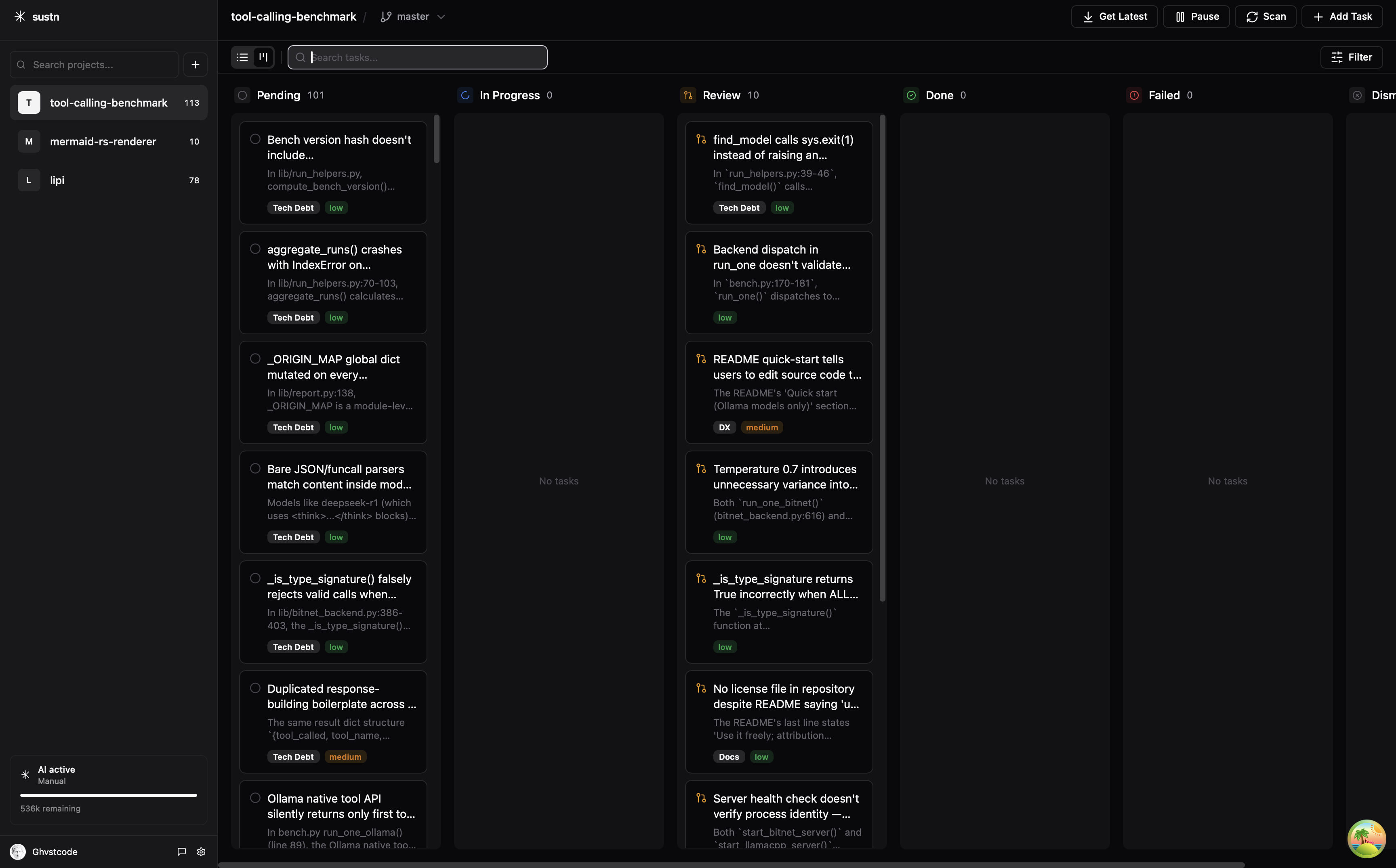 Kanban board view with task columns